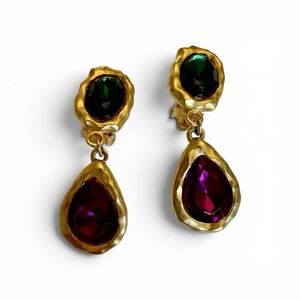 Ellen Designs Vintage Clip On Earrings Purple Green Teardrop Cabochon Gold Tone